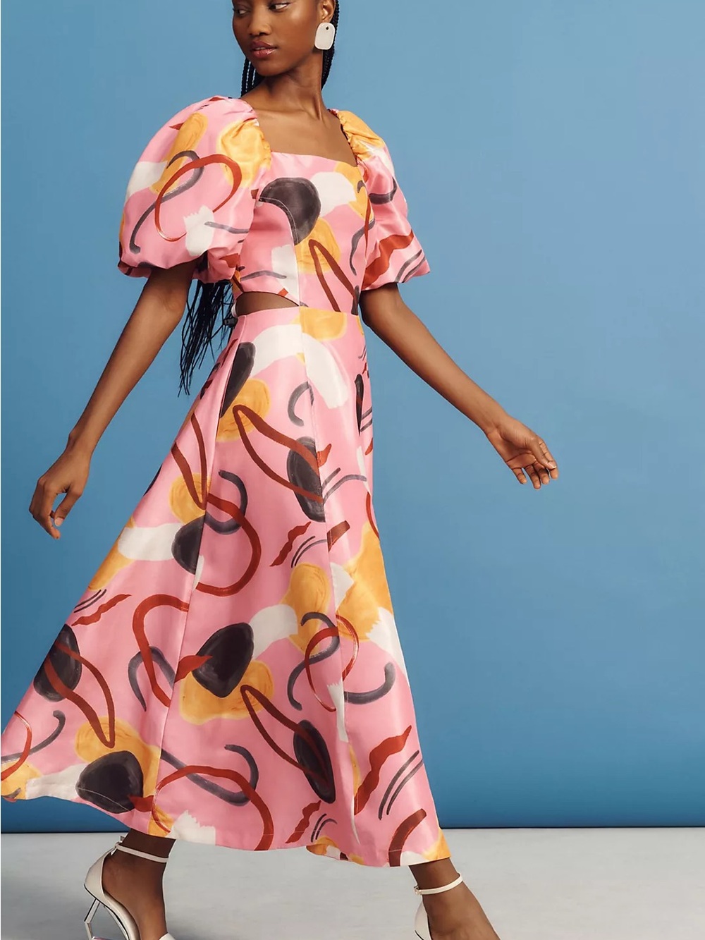 Anthropologie Pink Abstract Puff-Sleeve Midi Dress with Yellow Accents